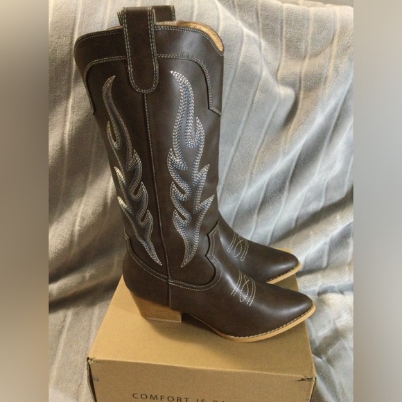 IDIFU IN2 Cowgirl Western Boots Mid Calf Chunky Low Heel Pointed Toe Size 7.5 - Picture 3 of 12